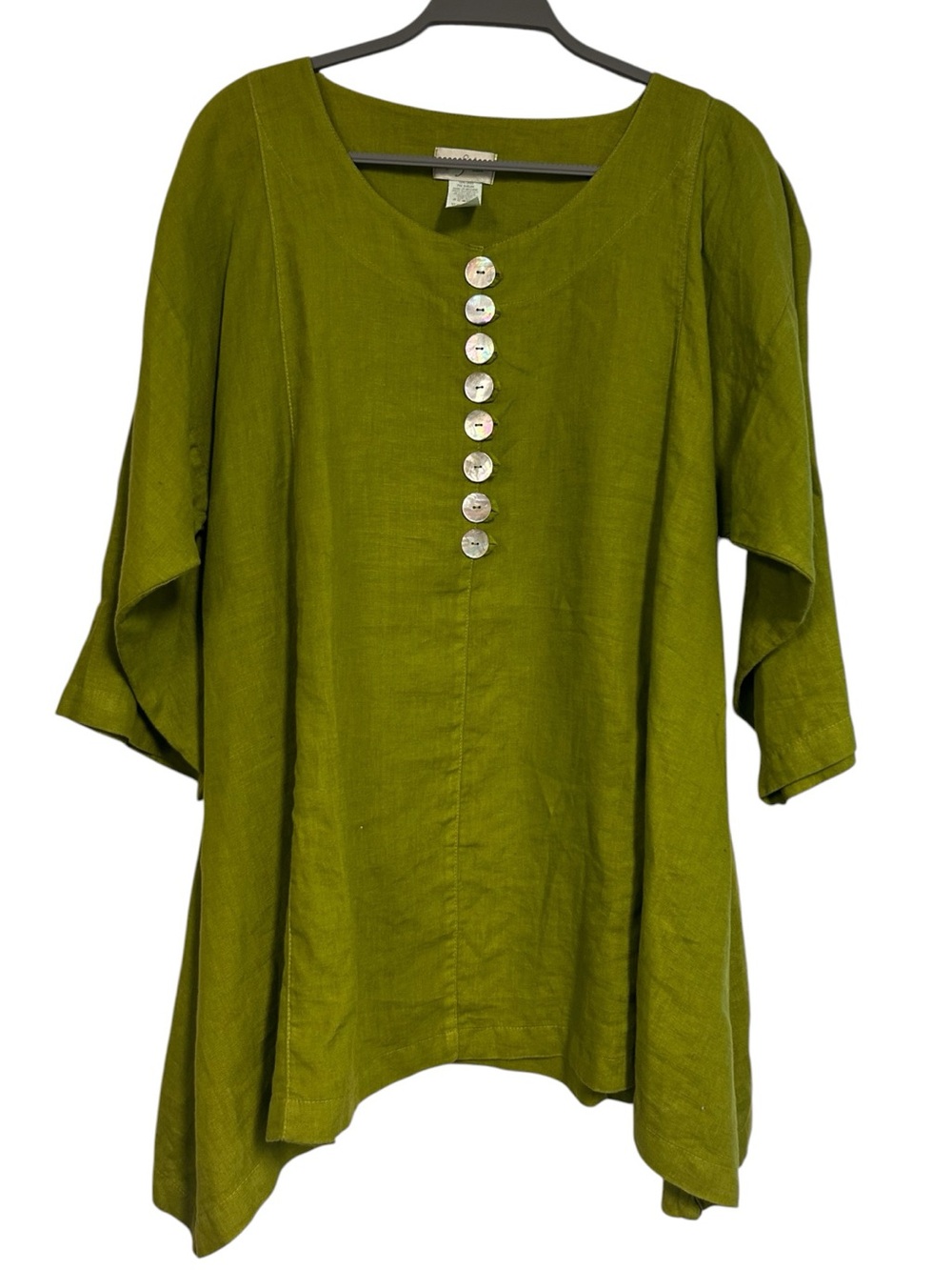 Mosaic USA Olive Green Button-Front Tunic 100% Linen Size L Relaxed Fit boho